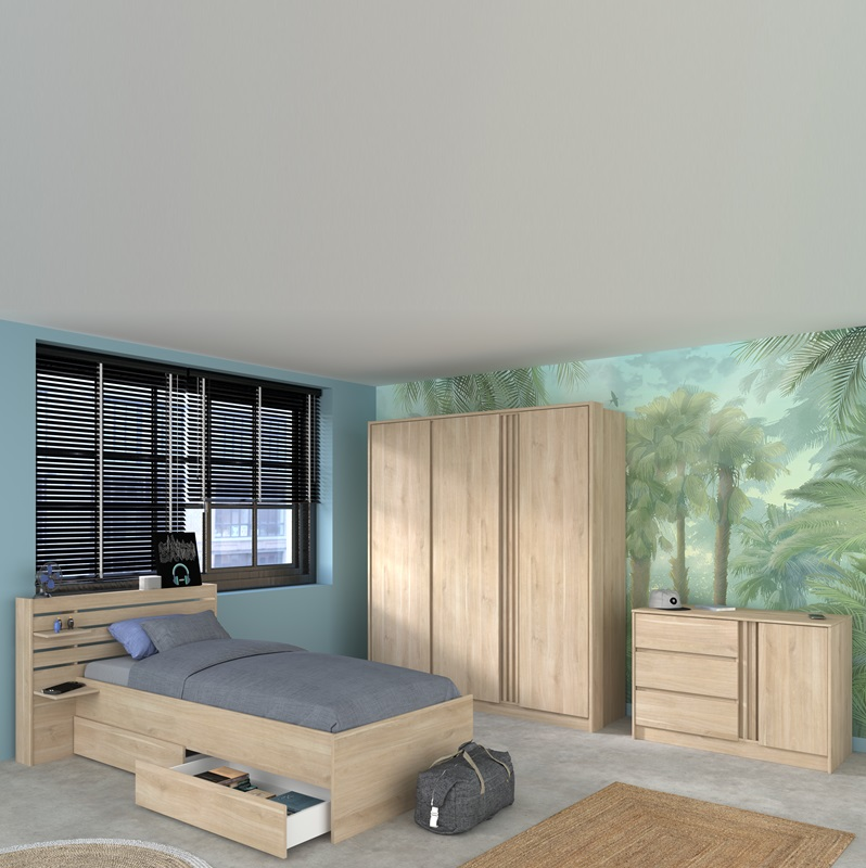 Cameretta completa bambini letto singolo armadio comò rovere Kung-Fu-1