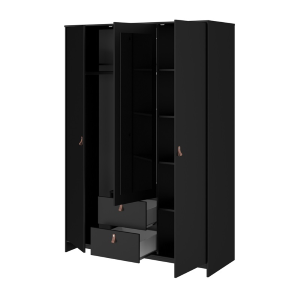 Armadio guardaroba moderno 3 ante battente 2 cassetti L137xH196 cm nero specchio Dokk