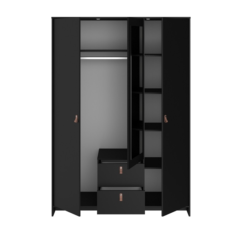 Armadio guardaroba moderno 3 ante battente 2 cassetti L137xH196 cm nero specchio Dokk