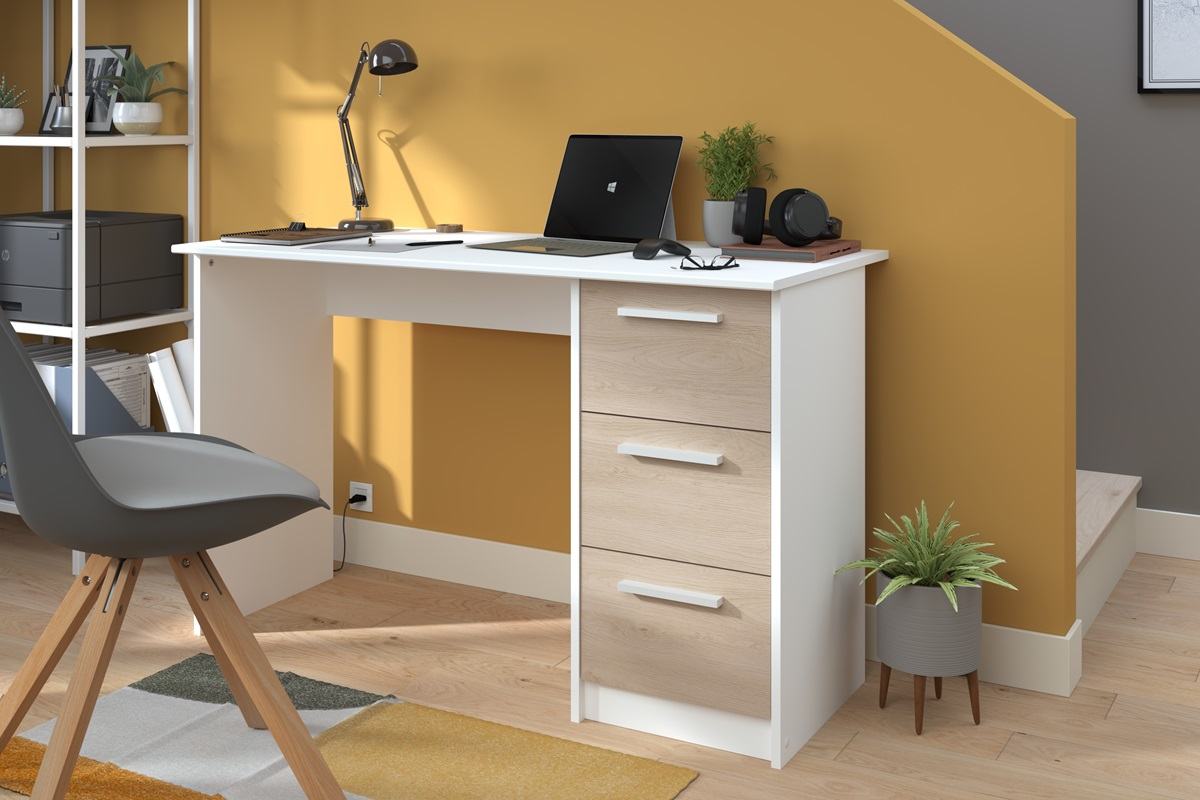 Scrivania ufficio moderna design 3 cassetti L121xP55 cm bianco rovere Vektor