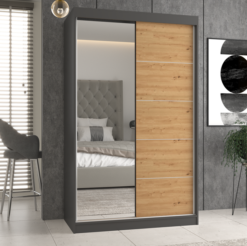 Armadio ante scorrevoli moderno 120xH200 cm specchio antracite quercia Nora
