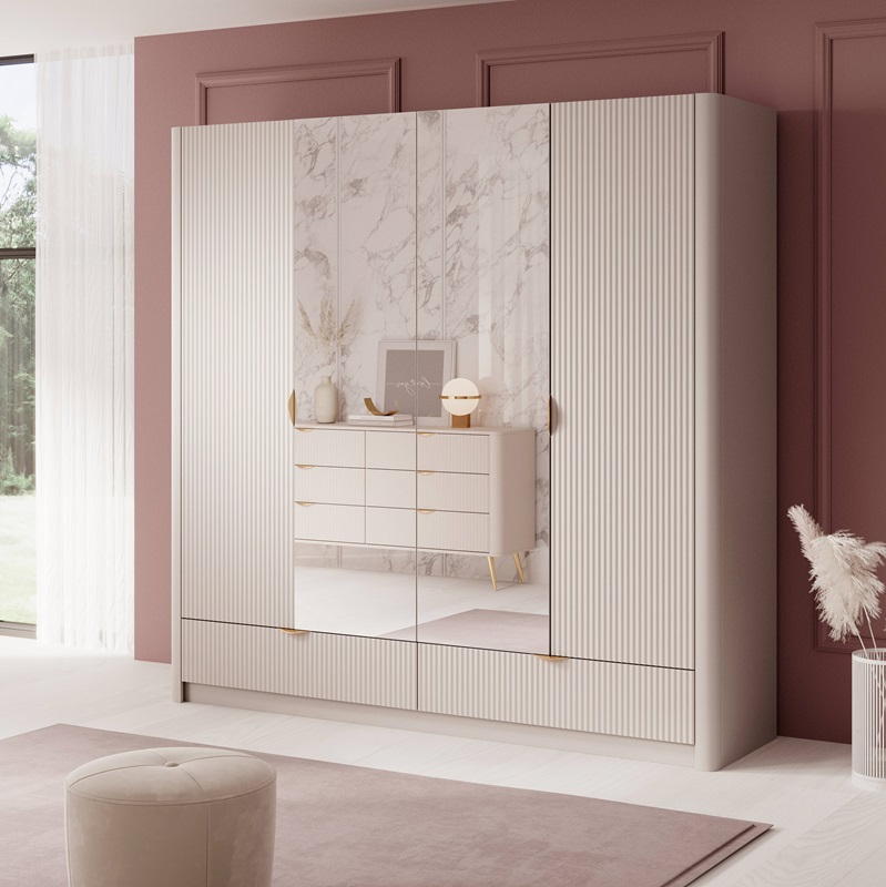 Armadio moderno 4 ante 2 cassetti specchio design 213xH208 beige oro Skadi