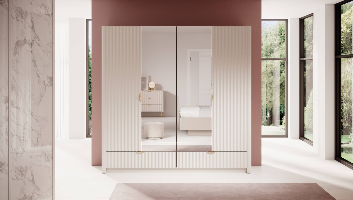 Armadio moderno 4 ante 2 cassetti specchio design 213xH208 beige oro Skadi