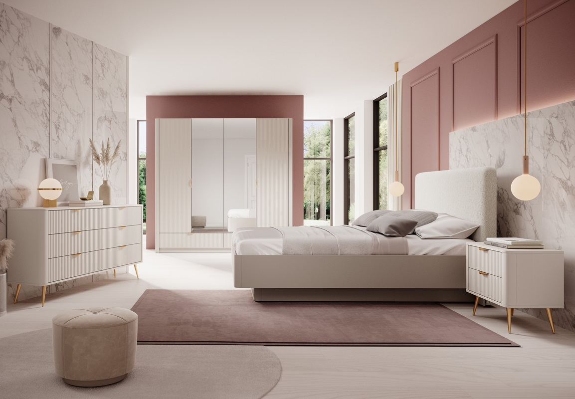 Armadio moderno 4 ante 2 cassetti specchio design 213xH208 beige oro Skadi