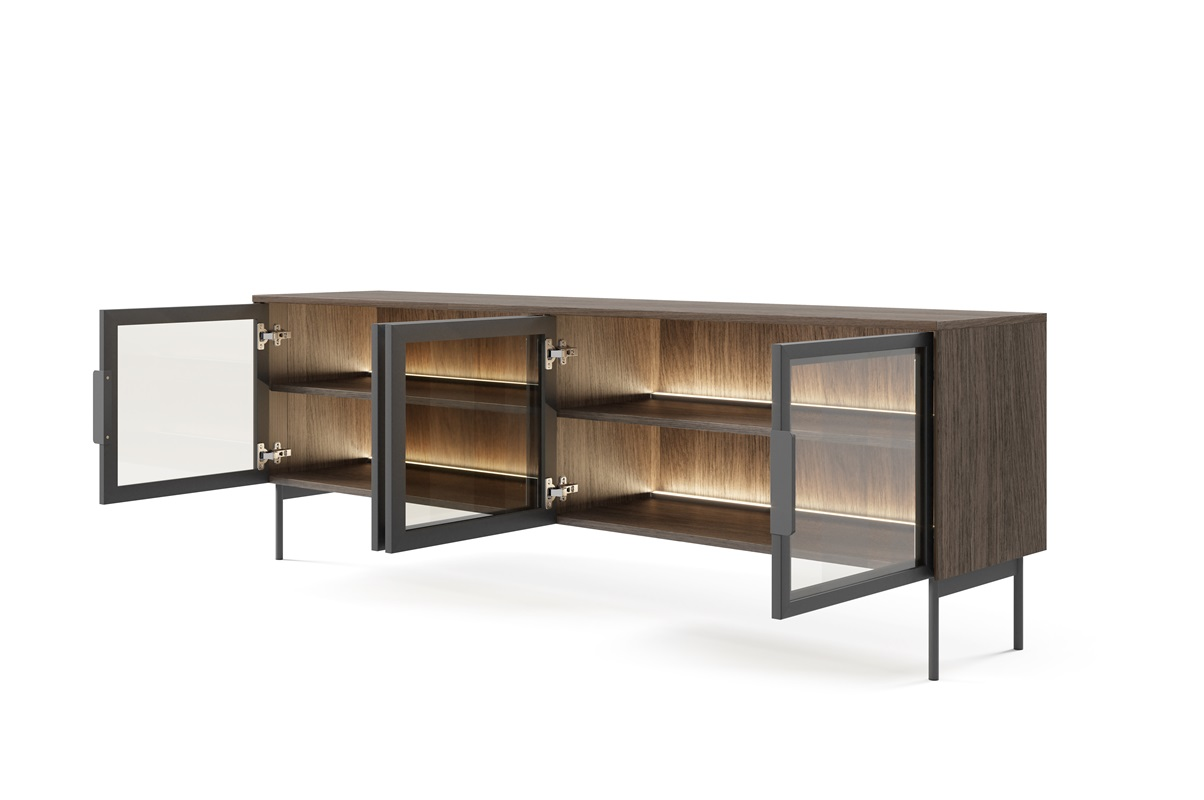 Mobile porta tv moderno vetrina 4 ante design 181xH82 rovere scuro nero Vichy