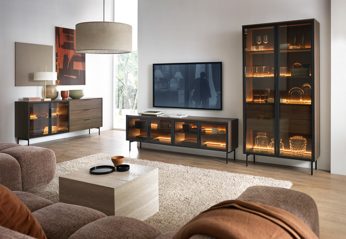 Mobile porta tv moderno vetrina 4 ante design 181xH82 rovere scuro nero Vichy