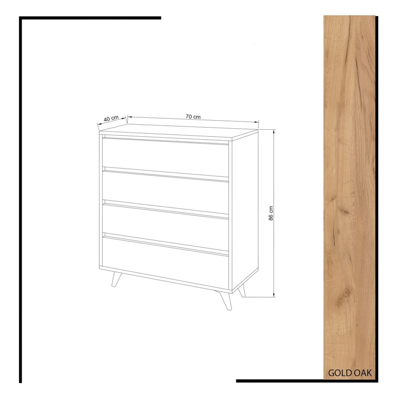 Comò cassettiera moderna camera da letto 70xH86 cm 4 cassetti rovere bianco Trento