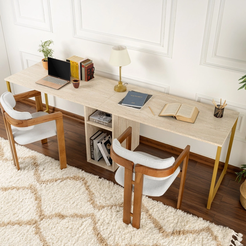 Scrivania doppia moderna 240xH74 cm libreria beige oro Center