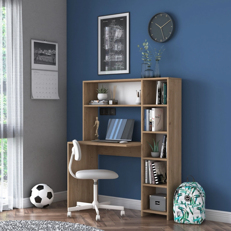 Scrivania moderna attrezzata libreria 113xH142cm rovere Draft