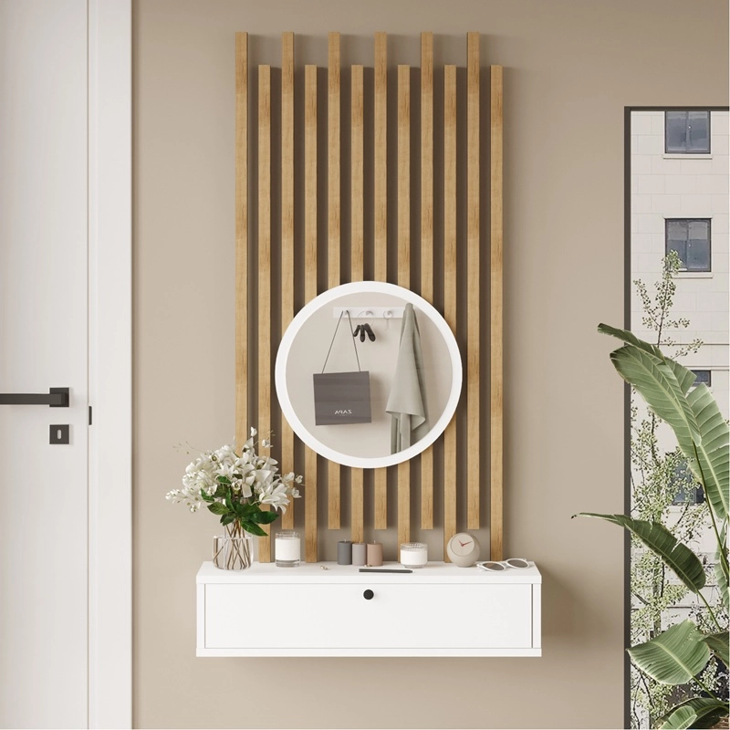 Mobile ingresso moderno specchio 80xH140 bianco rovere Mina