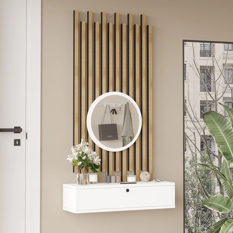 Mobile ingresso moderno specchio 80xH140 bianco rovere Mina
