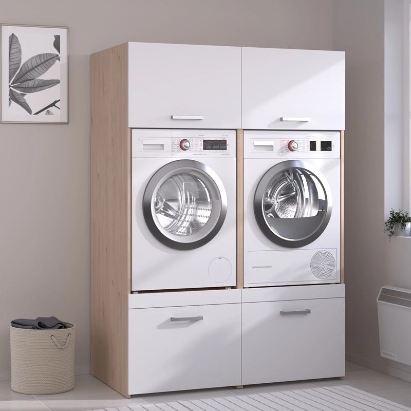 Mobile lavatrice asciugatrice lavanderia 2 ante 2 cassetti 128xH184 rovere bianco Candor