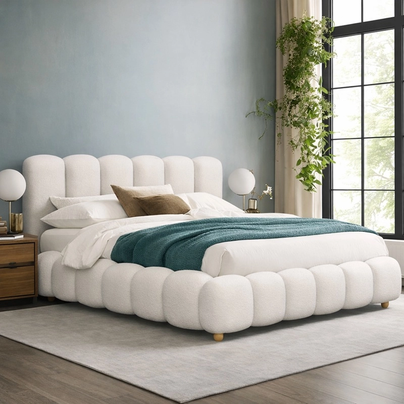 Letto matrimoniale contenitore imbottito rivestito in tessuto 160x200 crema bianco Dama