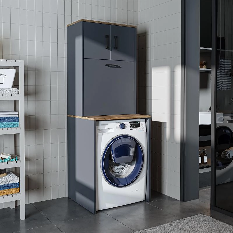 Mobile lavatrice lavanderia 1 cesto portabiancheria 65xH180 antracite rovere Goccia
