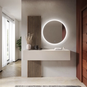Mobile ingresso moderno sospeso specchio rotondo led 138xH200 noce beige cashmere Lumi