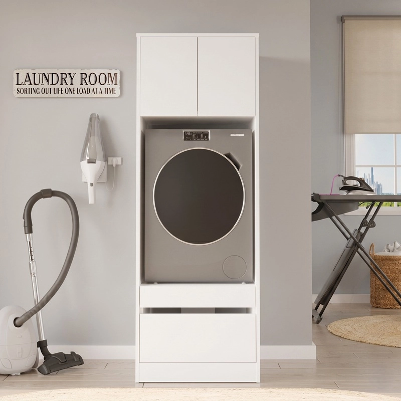 Mobile lavatrice asciugatrice lavanderia 2 ante 65xH183 con vani bianco Cloe