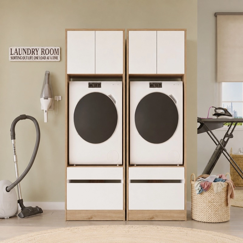 Mobile lavatrice asciugatrice lavanderia 4 ante 130xH183 con vani rovere bianco Cloe