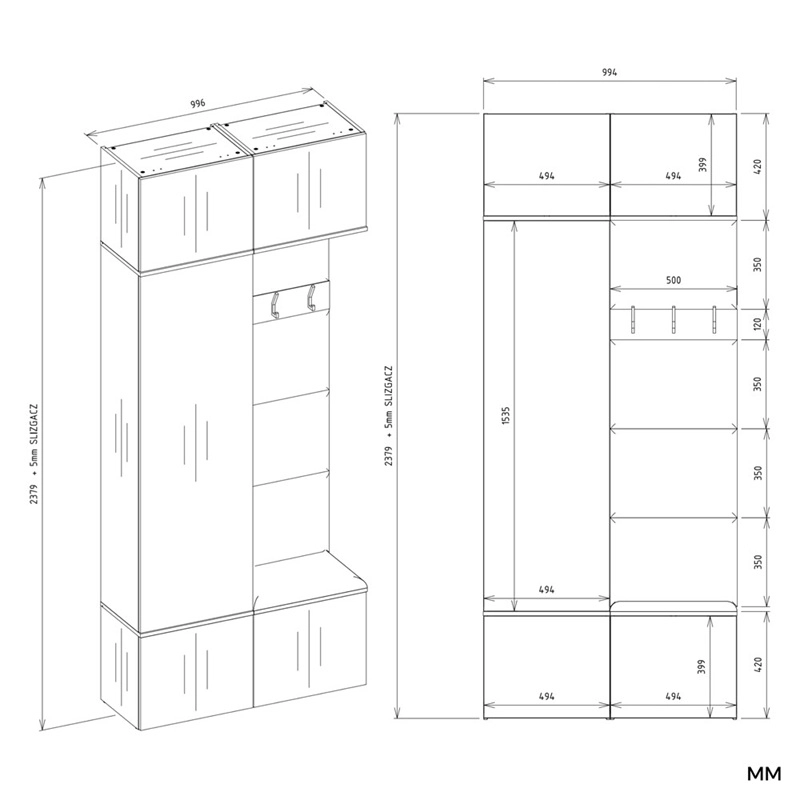 Mobile ingresso moderno 100xH238 cm specchio cassapanca bianco Berlino