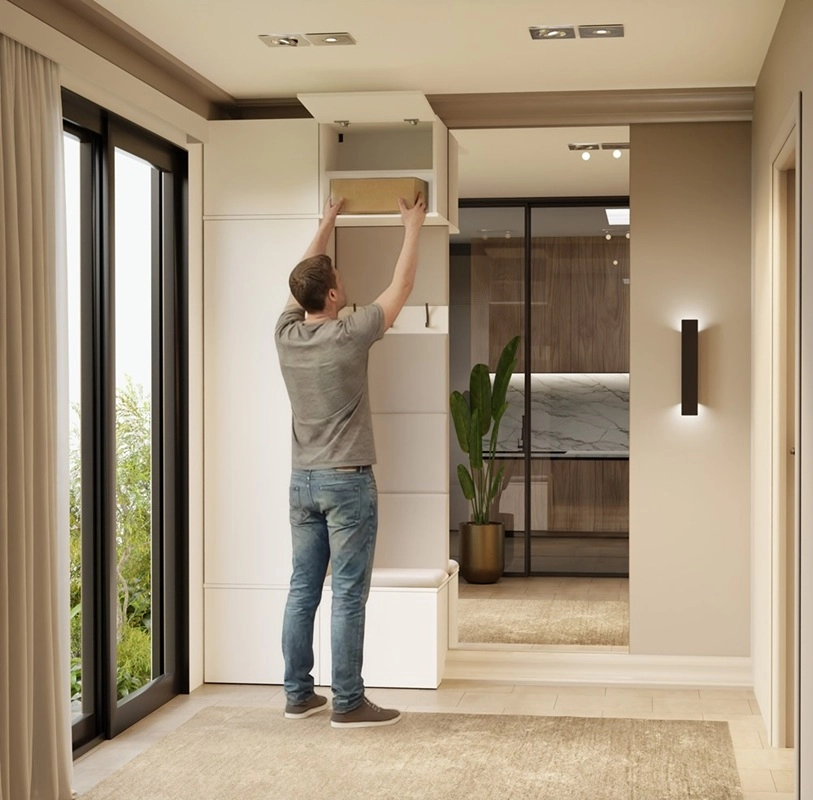 Mobile ingresso moderno 100xH238 cm specchio cassapanca bianco Berlino