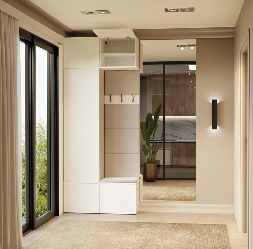 Mobile ingresso moderno 100xH238 cm specchio cassapanca bianco Berlino