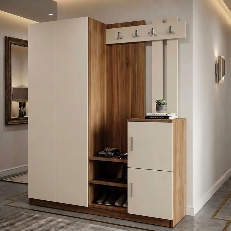 Mobile ingresso moderno 147xH180 cm appendiabiti noce beige Belfast-2