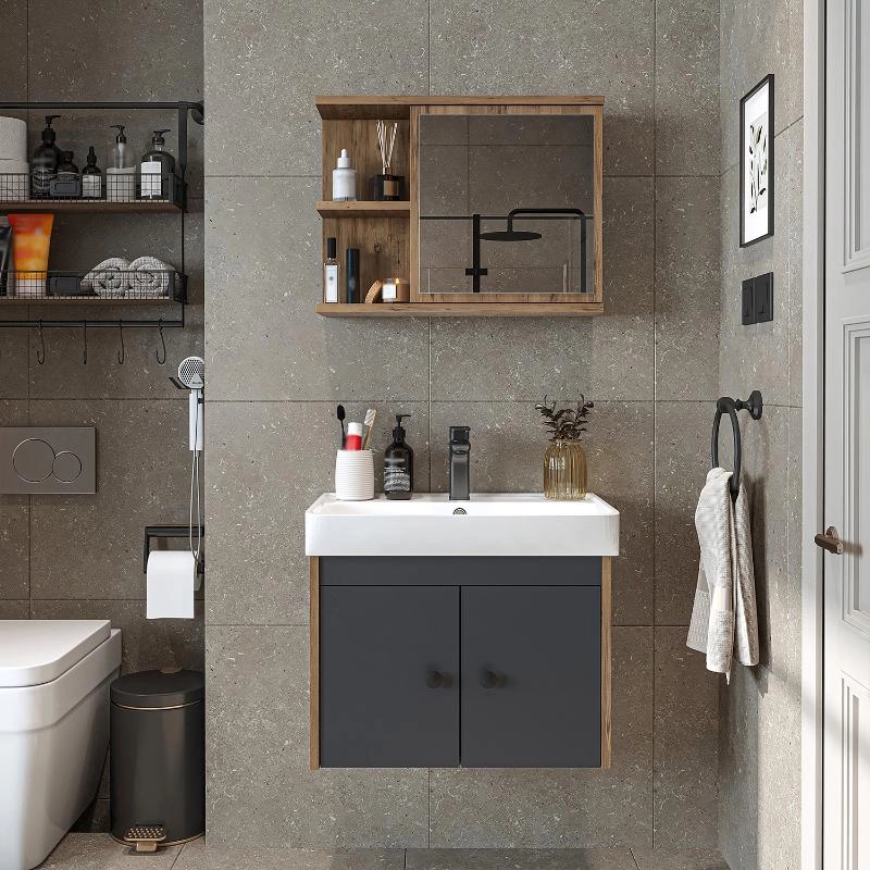 Mobile bagno sospeso lavabo specchio 60 cm rovere antracite Cascade