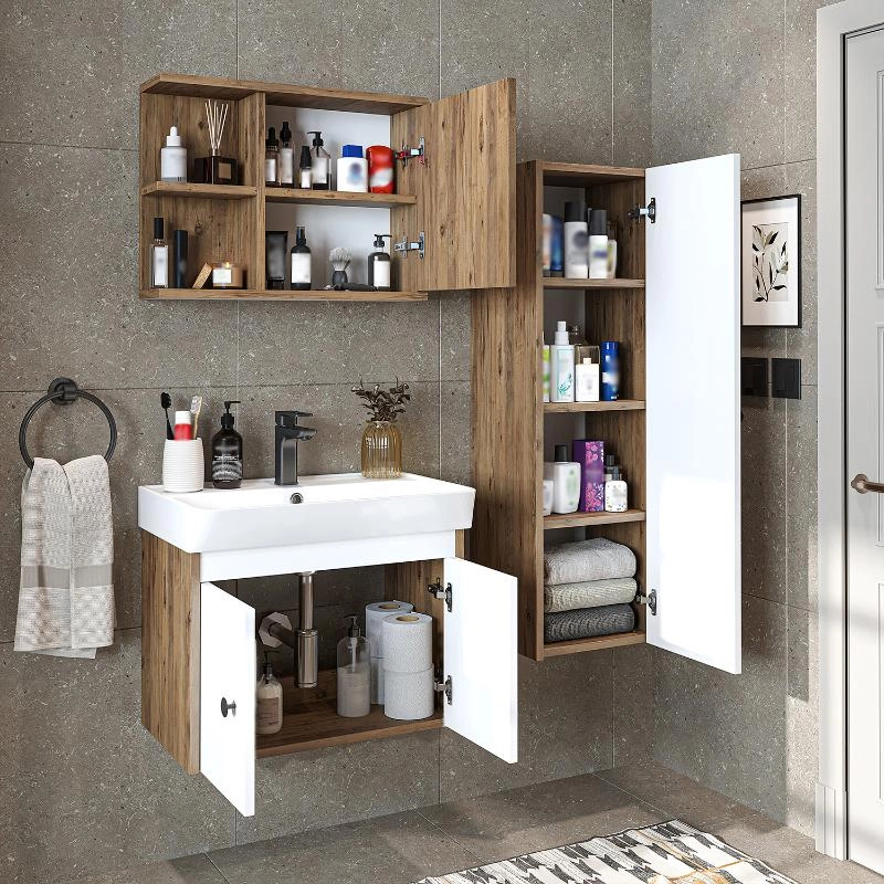 Mobile bagno completo sospeso lavabo specchio colonna 60 cm rovere bianco Cascade