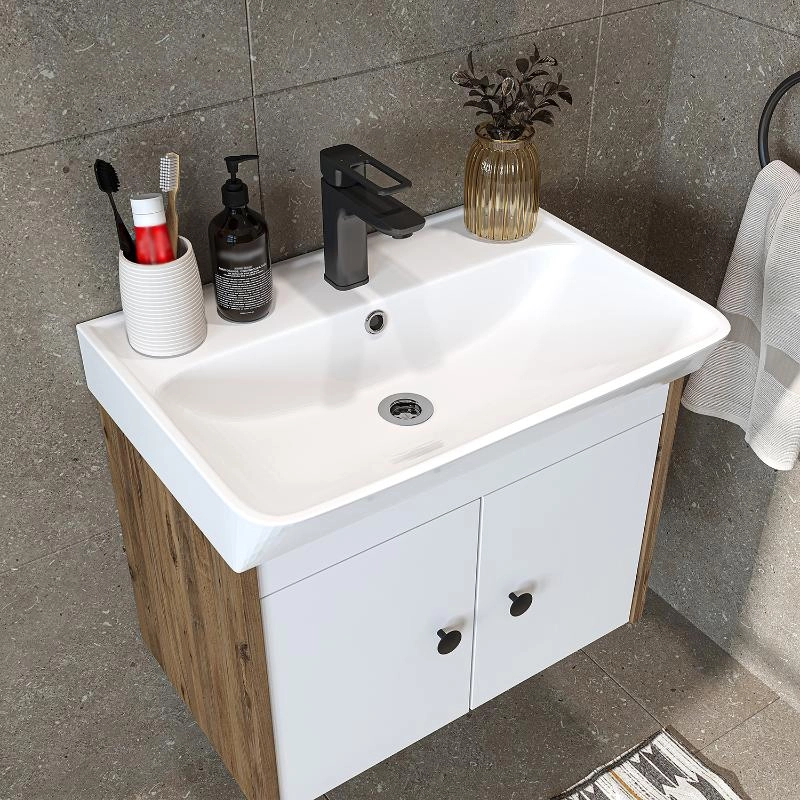 Mobile bagno completo sospeso lavabo specchio colonna 60 cm rovere bianco Cascade
