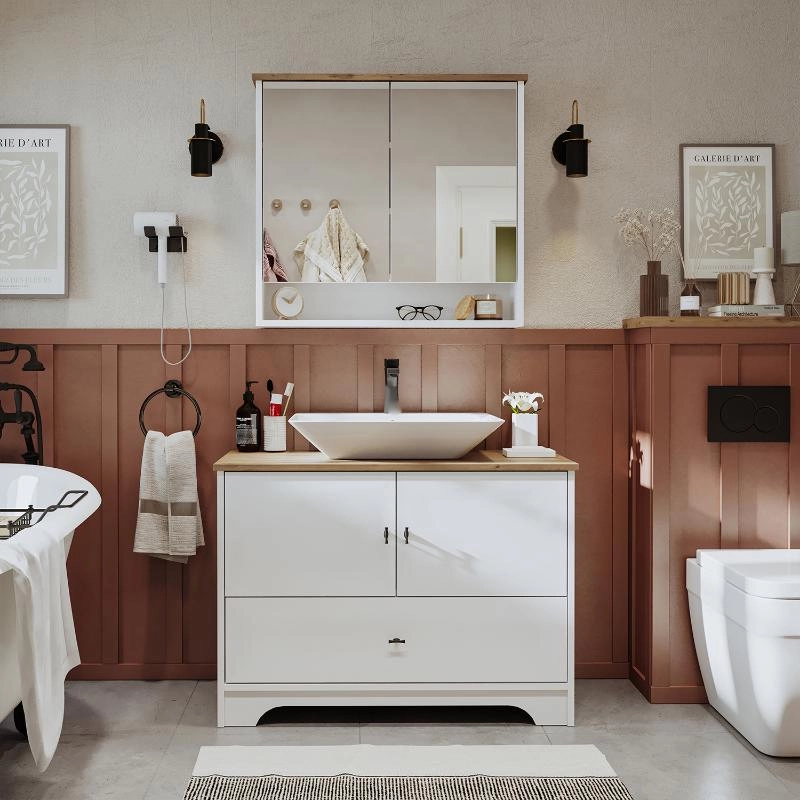 Mobile bagno a terra lavabo rettangolare specchio 100 cm bianco rovere Marea