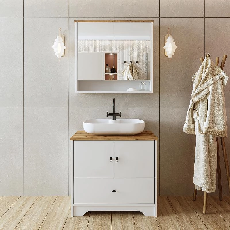 Mobile bagno a terra lavabo tondo specchio 80 cm bianco rovere Marea