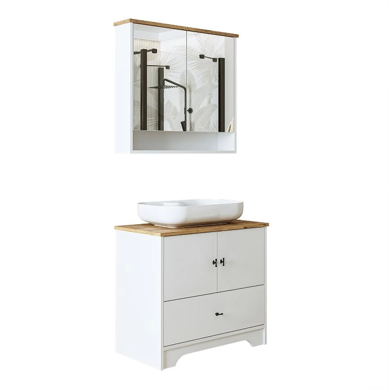 Mobile bagno a terra lavabo tondo specchio 80 cm bianco rovere Marea