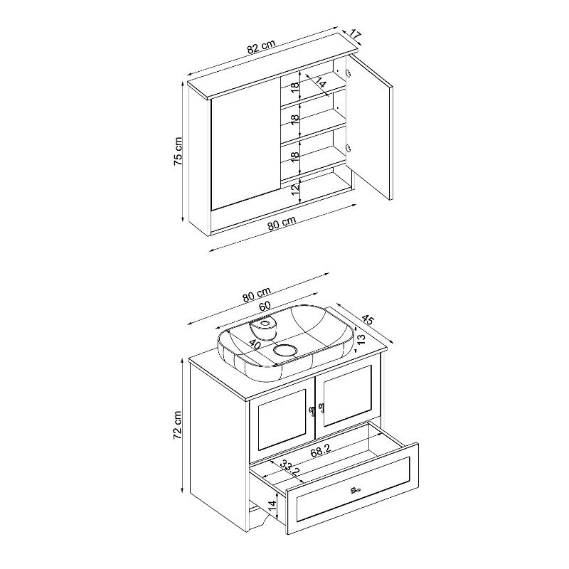 Mobile bagno a terra lavabo tondo specchio 80 cm bianco rovere Marea