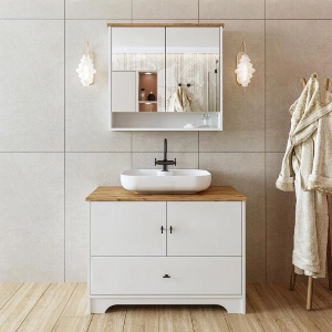 Mobile bagno a terra lavabo tondo specchio 100 cm bianco rovere Marea