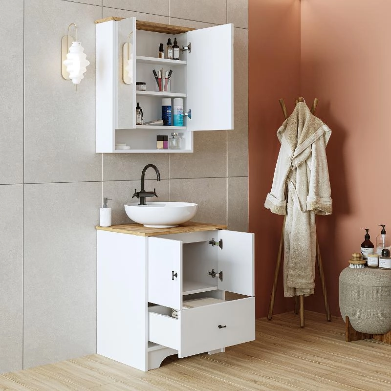 Mobile bagno a terra lavabo tondo specchio 60 cm bianco rovere Marea