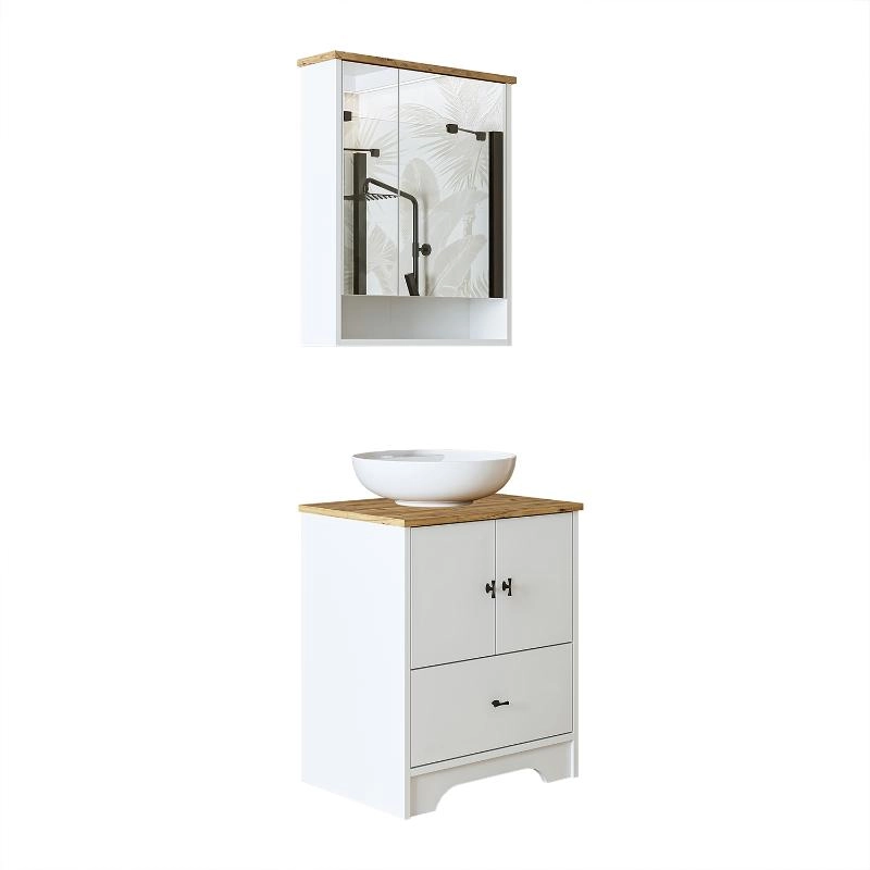 Mobile bagno a terra lavabo tondo specchio 60 cm bianco rovere Marea