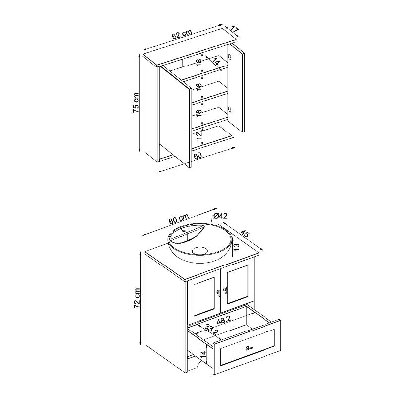 Mobile bagno a terra lavabo tondo specchio 60 cm bianco rovere Marea