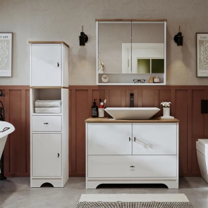 Mobile bagno completo a terra lavabo rettangolare specchio colonna 100 cm bianco rovere Marea