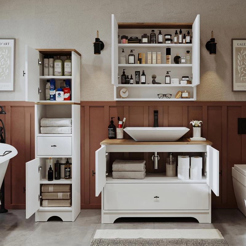 Mobile bagno completo a terra lavabo rettangolare specchio colonna 100 cm bianco rovere Marea