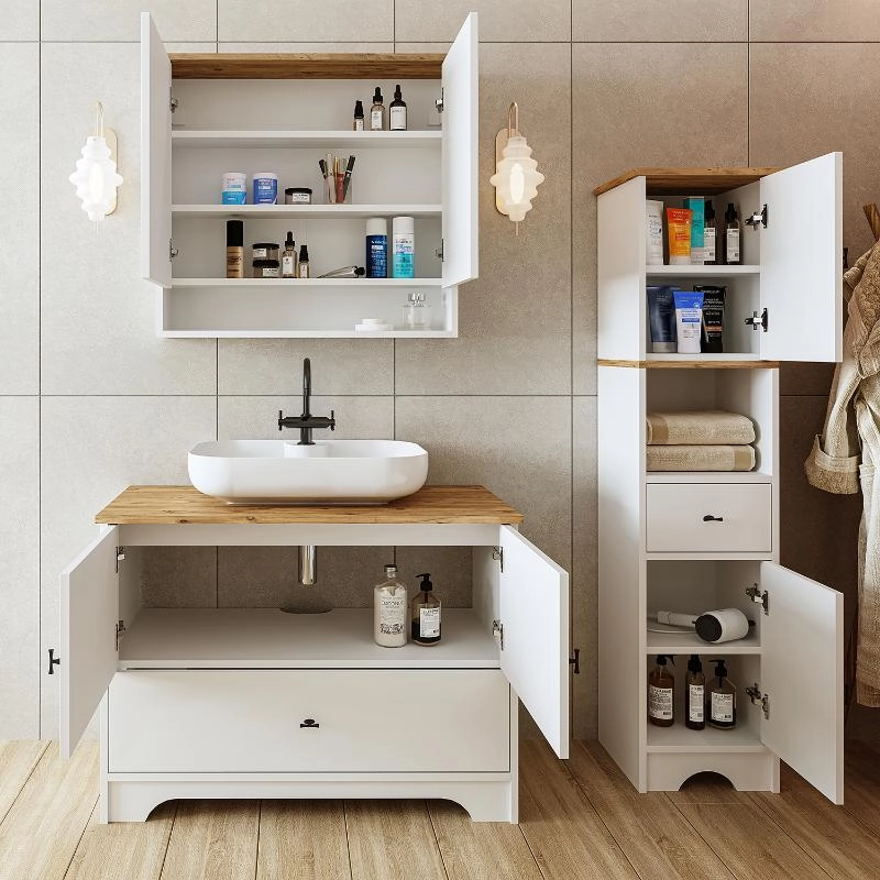 Mobile bagno completo a terra lavabo tondo specchio colonna 100 cm bianco rovere Marea