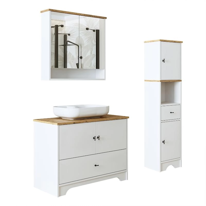 Mobile bagno completo a terra lavabo tondo specchio colonna 100 cm bianco rovere Marea