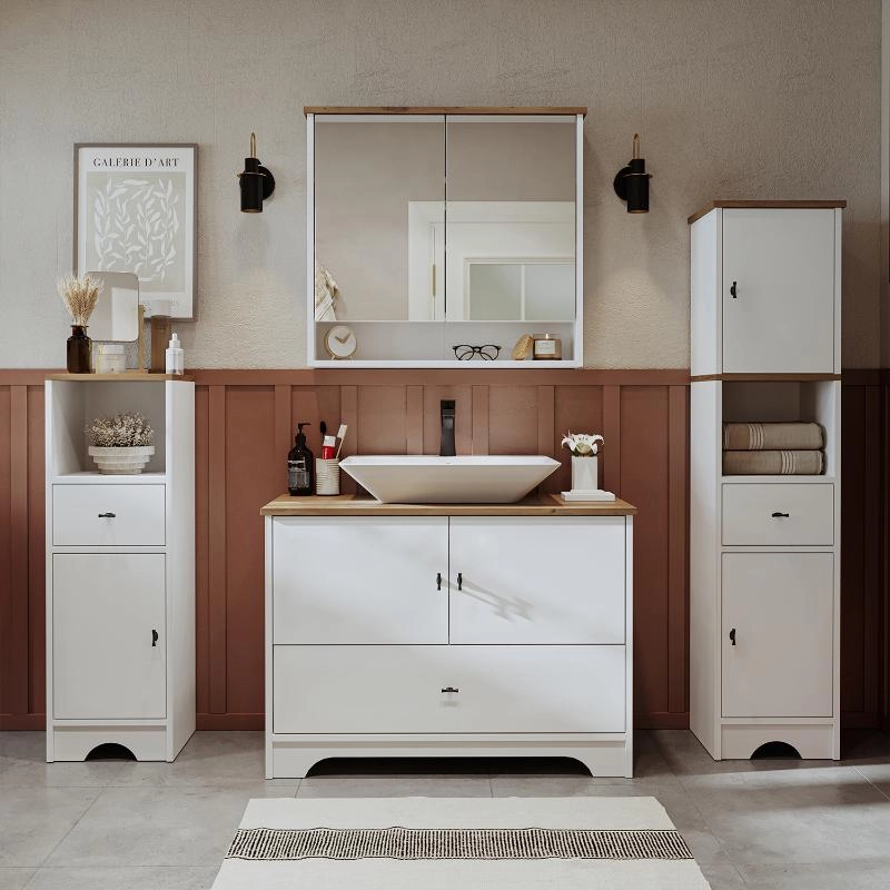 Mobile bagno completo a terra lavabo tondo specchio doppia colonna 100 cm bianco rovere Marea
