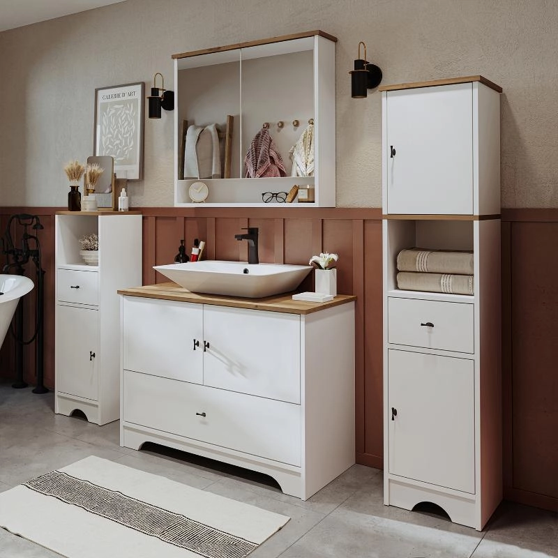 Mobile bagno completo a terra lavabo tondo specchio doppia colonna 100 cm bianco rovere Marea