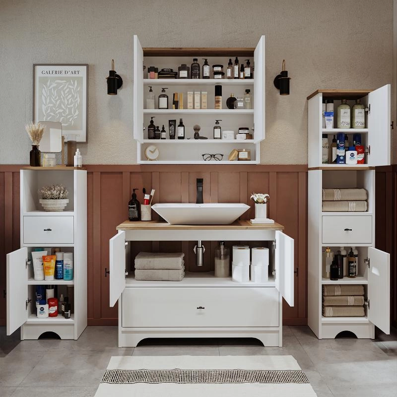 Mobile bagno completo a terra lavabo tondo specchio doppia colonna 100 cm bianco rovere Marea