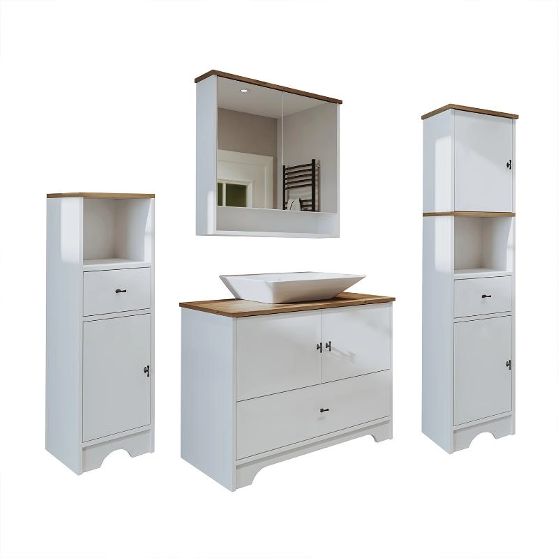 Mobile bagno completo a terra lavabo tondo specchio doppia colonna 100 cm bianco rovere Marea