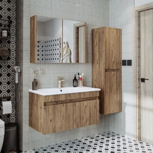 Mobile bagno sospeso lavabo specchio contenitore colonna 85 cm rovere Nerea