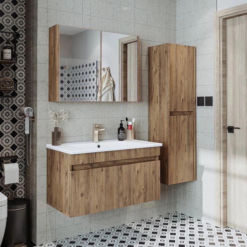 Mobile bagno sospeso lavabo specchio contenitore colonna 85 cm rovere Nerea
