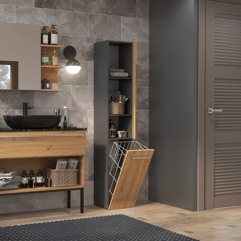 Colonna bagno a terra 1 anta 1 cesto portabiancheria 31xH174 rovere antracite Flute