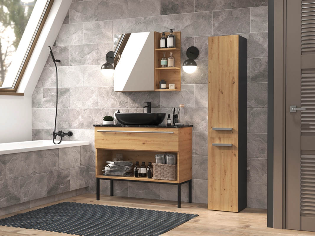 Colonna bagno a terra 1 anta 1 cesto portabiancheria 31xH174 rovere antracite Flute
