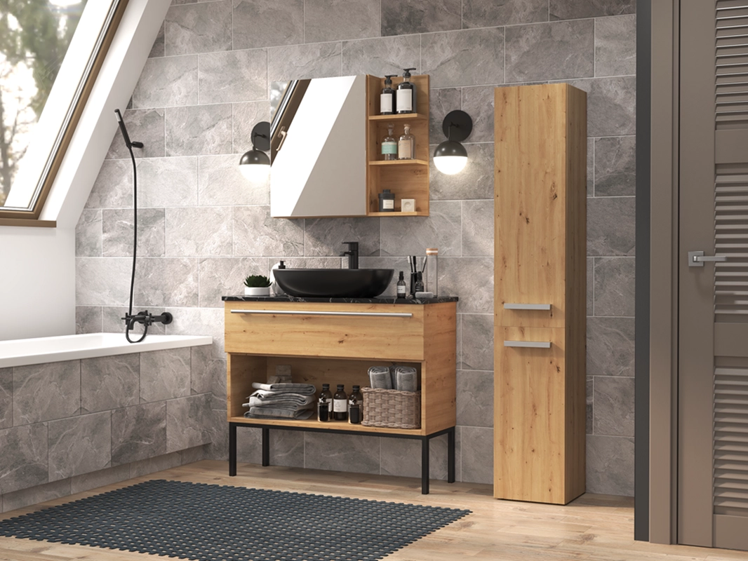 Colonna bagno a terra 1 anta 1 cesto portabiancheria 31xH174 rovere oldwook Flute