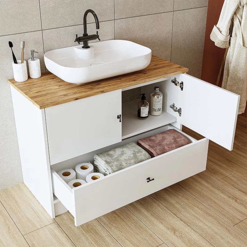 Mobile bagno a terra lavabo tondo 100 cm bianco rovere Marea